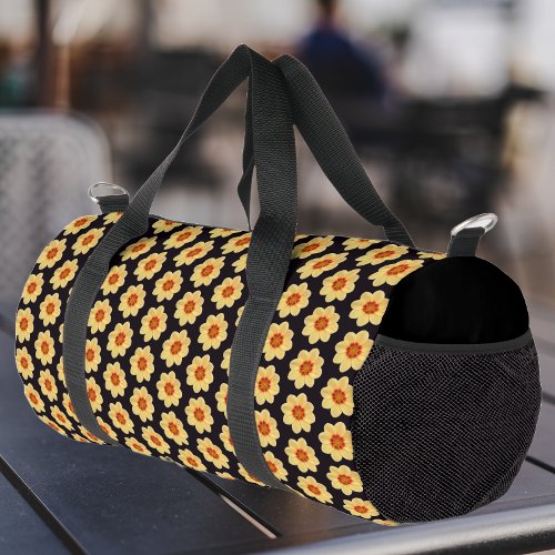 Yellow Dahlia Floral Pattern on Black Duffle Bag