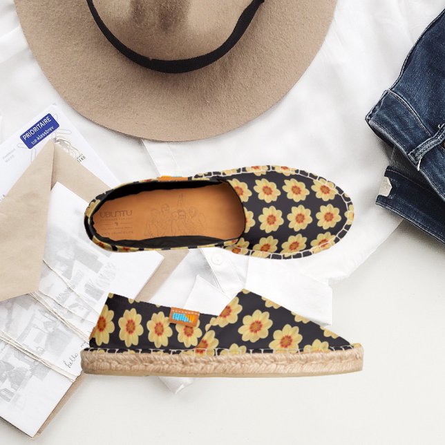 Yellow Dahlia Floral Pattern on Black Espadrilles (In Situ)