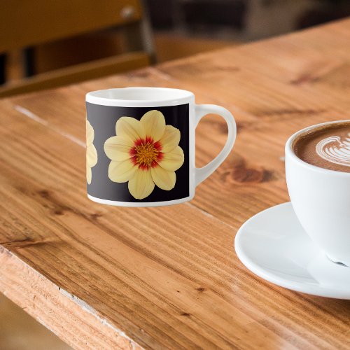 Yellow Dahlia Floral Pattern on Black Espresso Cup