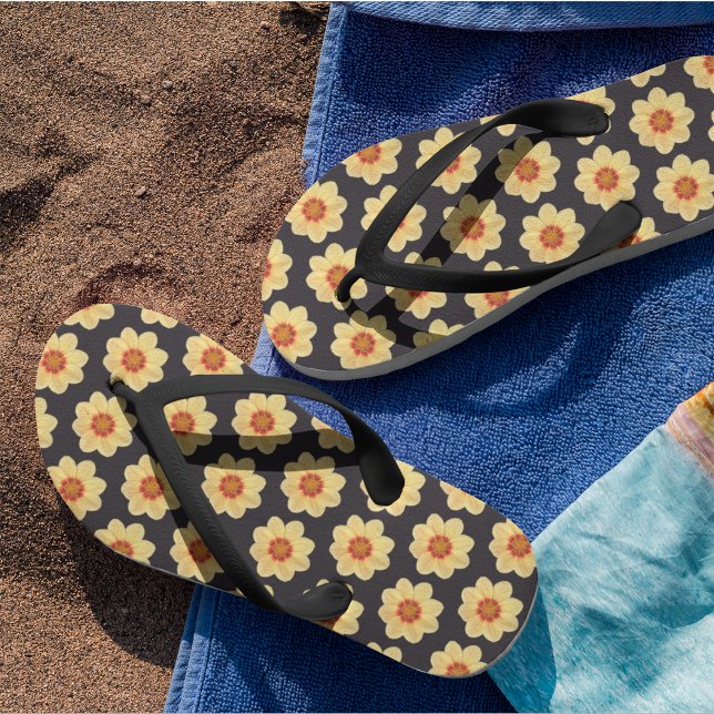 Yellow Dahlia Floral Pattern on Black Flip Flops (In Situ)
