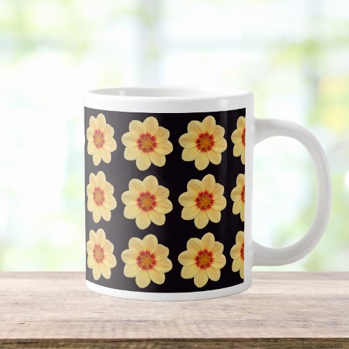 Yellow Dahlia Floral Pattern on Black Giant Coffee Mug