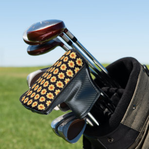 Yellow Dahlia Floral Pattern on Black Golf Head Cover