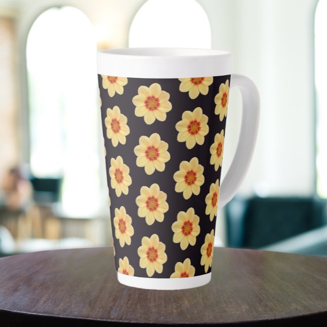 Yellow Dahlia Floral Pattern on Black Latte Mug (In Situ)