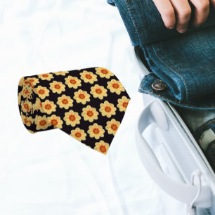 Yellow Dahlia Floral Pattern on Black Neck Tie