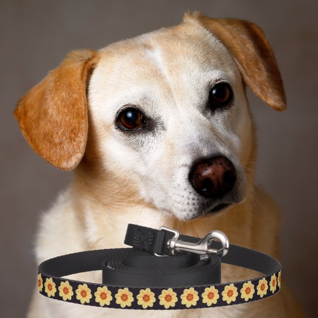 Yellow Dahlia Floral Pattern on Black Pet Leash (In Situ)