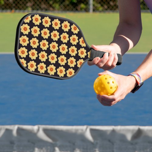 Yellow Dahlia Floral Pattern on Black Pickleball Paddle
