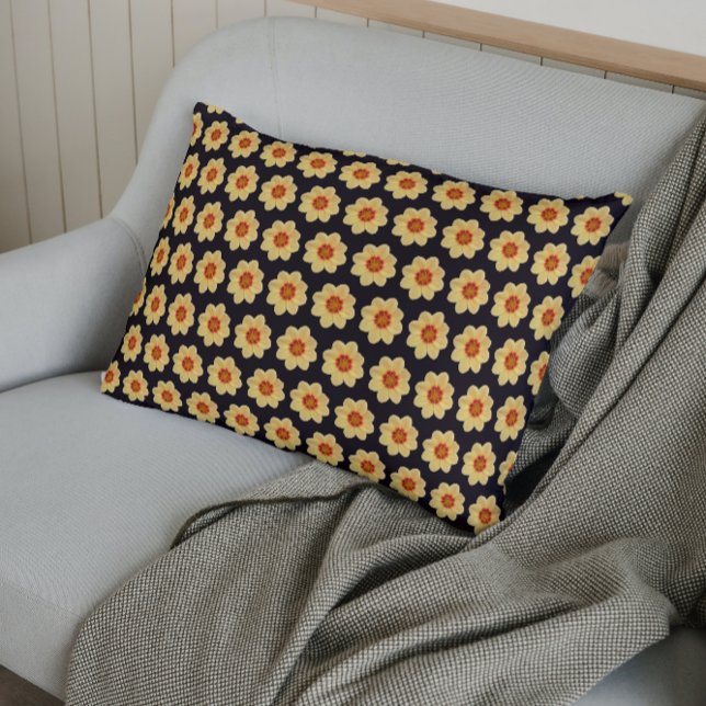 Yellow Dahlia Floral Pattern on Black Pillow Case (In Situ)