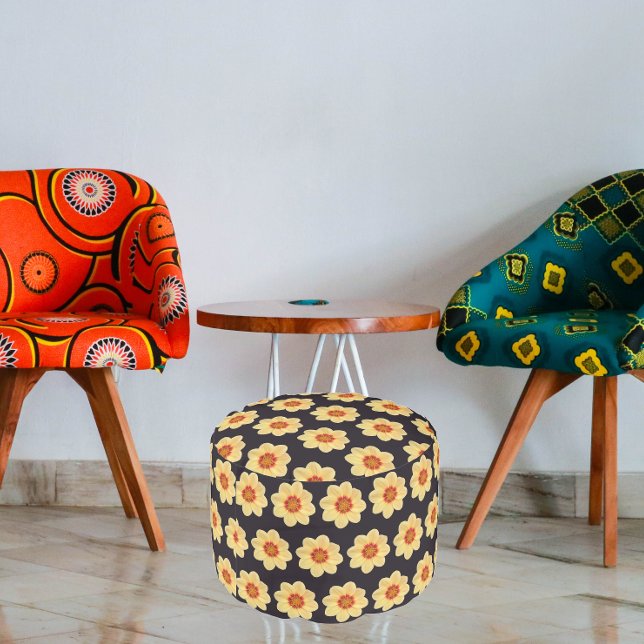 Yellow Dahlia Floral Pattern on Black Pouf (In Situ Chairs)