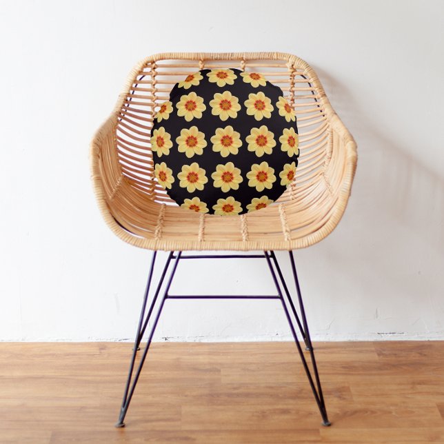 Yellow Dahlia Floral Pattern on Black Round Pillow (In Situ)