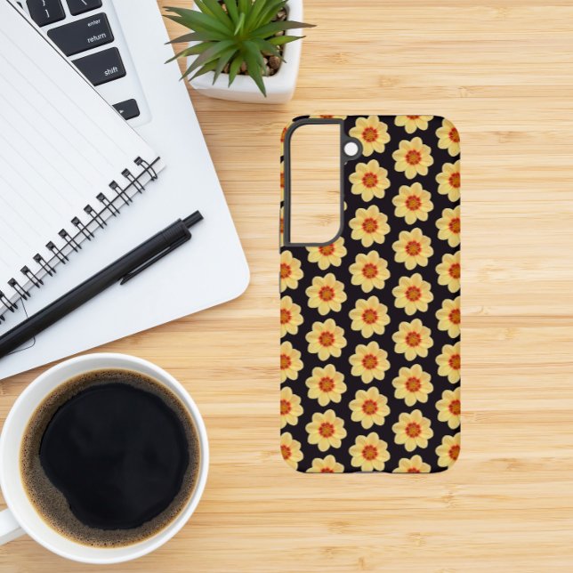 Yellow Dahlia Floral Pattern on Black Samsung Galaxy Case (In Situ)