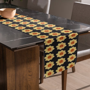 Yellow Dahlia Floral Pattern on Black Short Table Runner