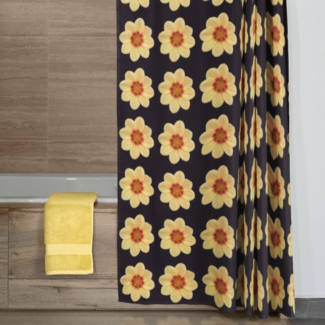 Yellow Dahlia Floral Pattern on Black Shower Curtain (In Situ Bathroom)