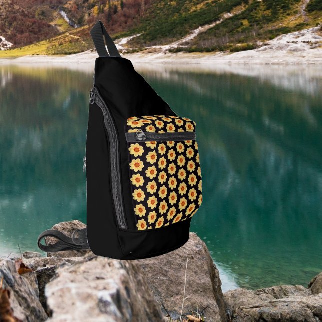 Yellow Dahlia Floral Pattern on Black Sling Bag (In Situ)