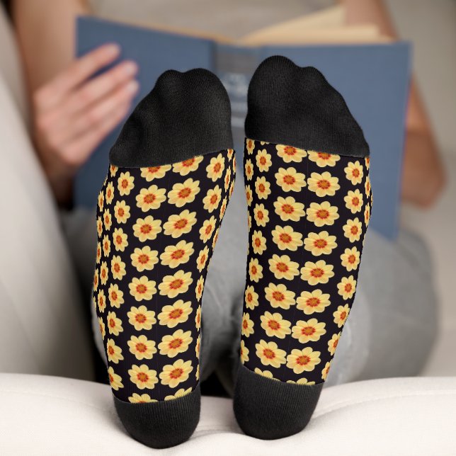 Yellow Dahlia Floral Pattern on Black Socks (Bottom)