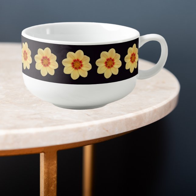 Yellow Dahlia Floral Pattern on Black Soup Mug (In Situ)