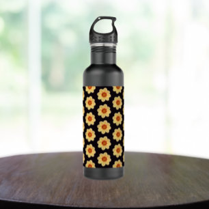 Yellow Dahlia Floral Pattern on Black Stainless Steel Water Bottle