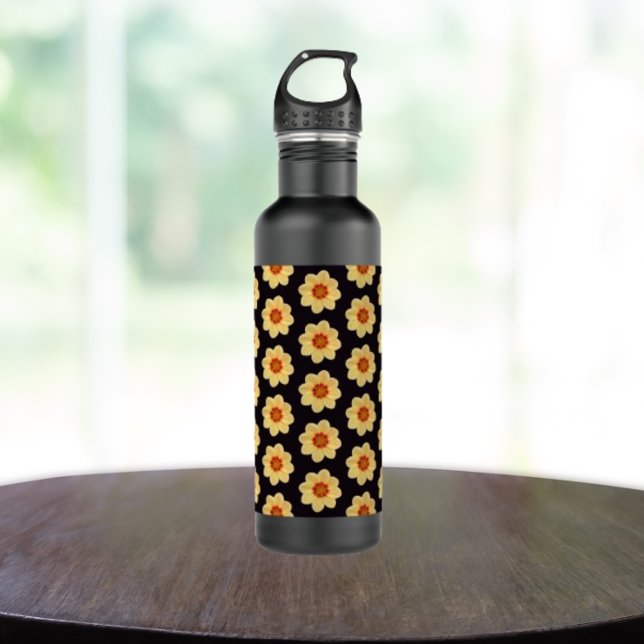 Yellow Dahlia Floral Pattern on Black Stainless Steel Water Bottle (In Situ)