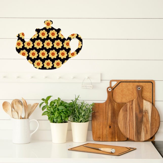 Yellow Dahlia Floral Pattern on Black Tea Pot Wall Decal (In Situ KItchen)