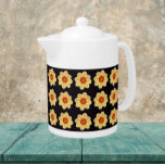 Yellow Dahlia Floral Pattern on Black Teapot<br><div class="desc">White ceramic teapot with lid that features the photo image of a yellow Dahlia flower on a black background and printed in a repeating pattern. A fun,  floral design!</div>