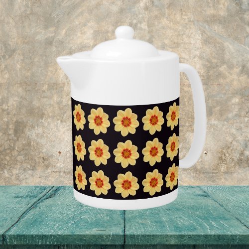 Yellow Dahlia Floral Pattern on Black Teapot