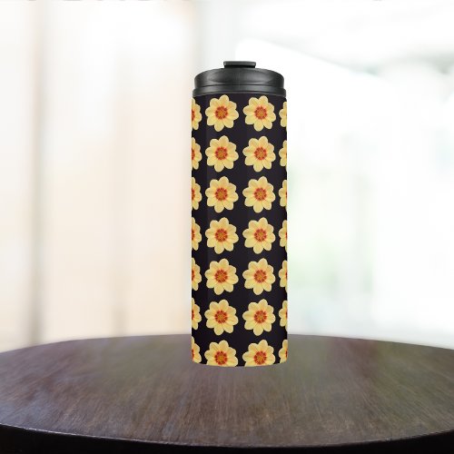 Yellow Dahlia Floral Pattern on Black Thermal Tumbler