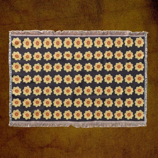 Yellow Dahlia Floral Pattern on Black Throw Blanket (In Situ Front)