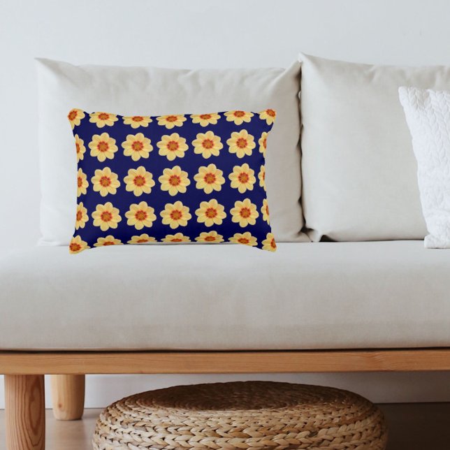 Yellow Dahlia Floral Pattern on Blue Accent Pillow (In Situ)