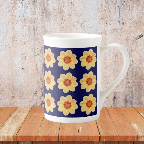 Yellow Dahlia Floral Pattern on Blue Bone China Mug