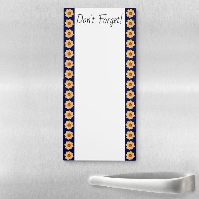 Yellow Dahlia Floral Pattern on Blue Border Magnetic Notepad (In Situ)