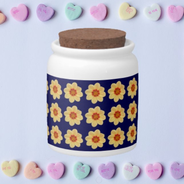 Yellow Dahlia Floral Pattern on Blue Candy Jar (In Situ Valentines)