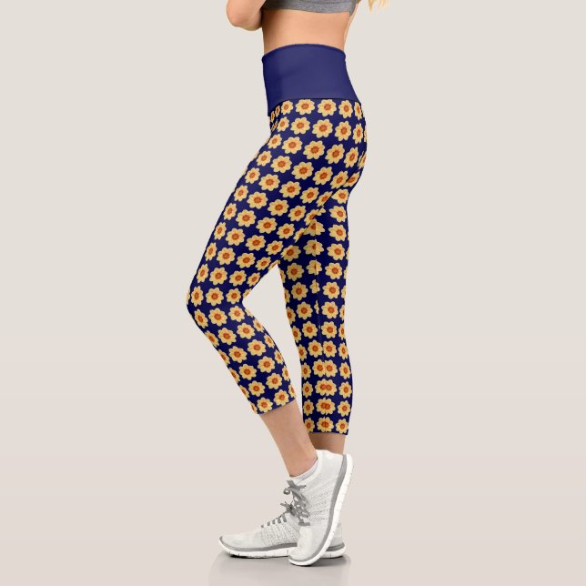 Yellow Dahlia Floral Pattern on Blue Capri Leggings (Left)