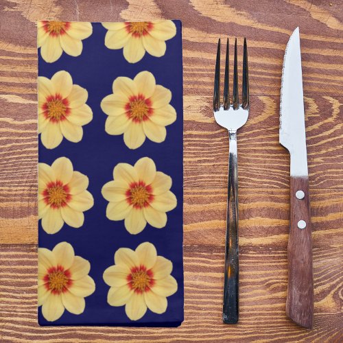 Yellow Dahlia Floral Pattern on Blue Cloth Napkin