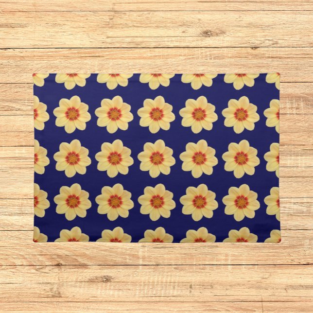 Yellow Dahlia Floral Pattern on Blue Cloth Placemat (In Situ Table)