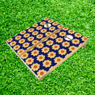 Yellow Dahlia Floral Pattern on Blue Cornhole Set