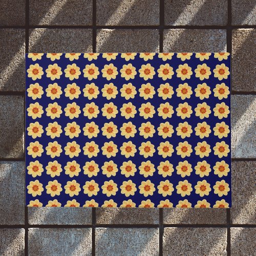 Yellow Dahlia Floral Pattern on Blue Doormat