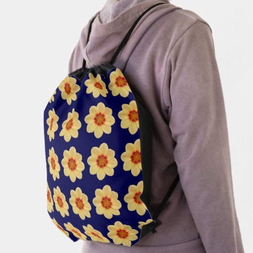 Yellow Dahlia Floral Pattern on Blue Drawstring Bag