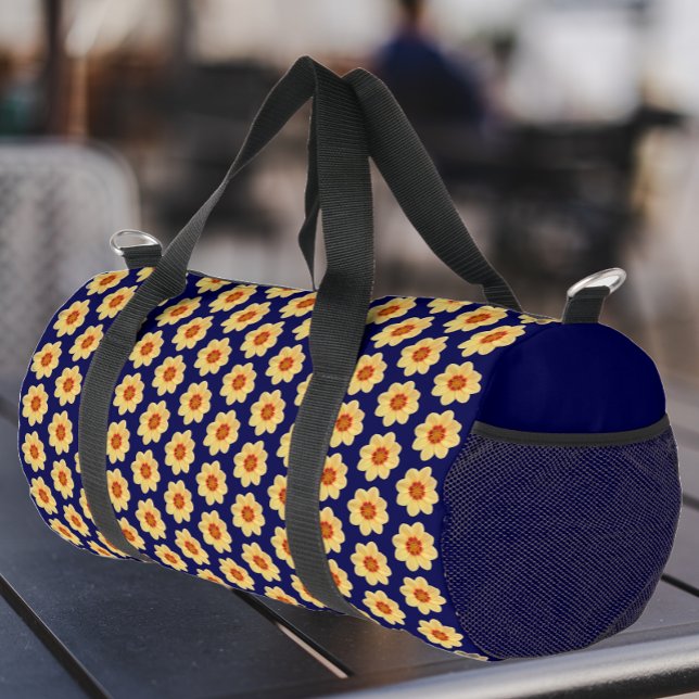 Yellow Dahlia Floral Pattern on Blue Duffle Bag (Creator Uploaded)