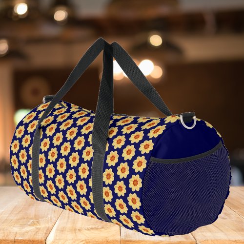 Yellow Dahlia Floral Pattern on Blue Duffle Bag