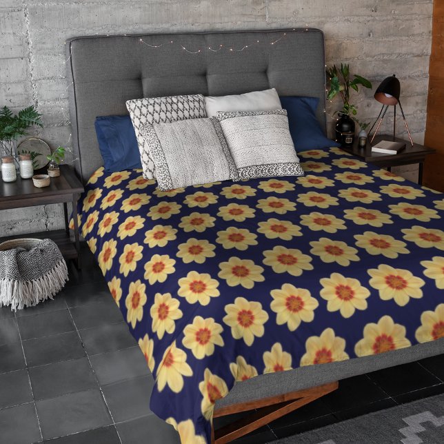 Yellow Dahlia Floral Pattern on Blue Duvet Cover (In Situ)