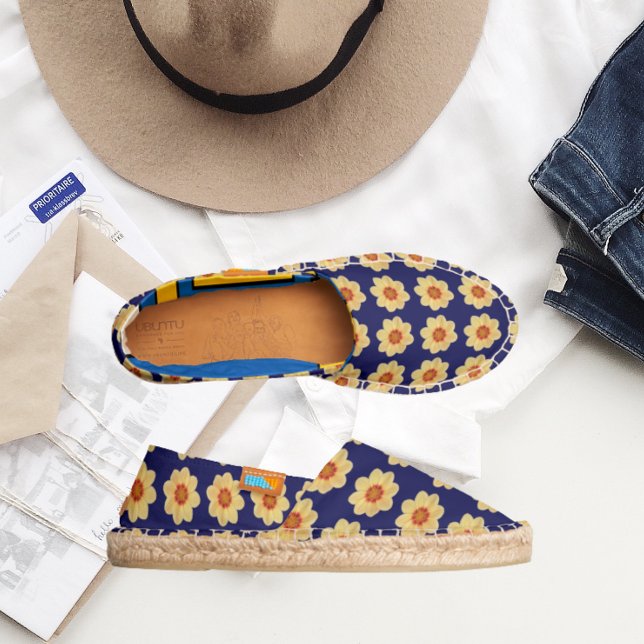 Yellow Dahlia Floral Pattern on Blue Espadrilles (In Situ)