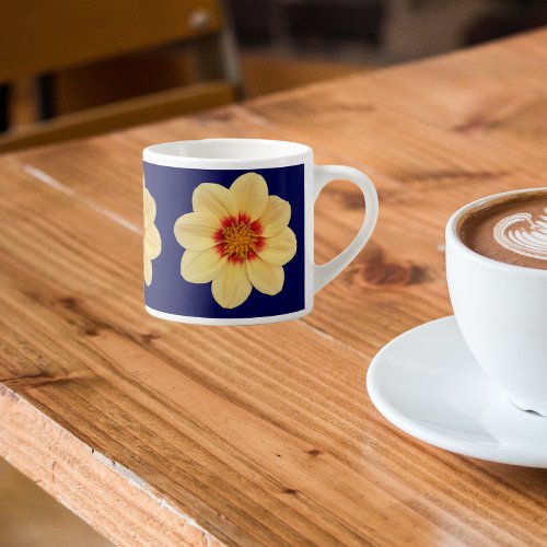 Yellow Dahlia Floral Pattern on Blue Espresso Cup