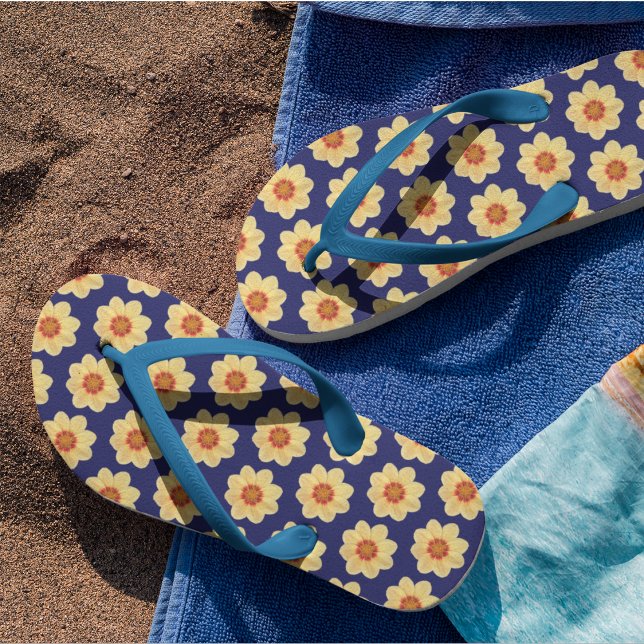 Yellow Dahlia Floral Pattern on Blue Flip Flops (In Situ)