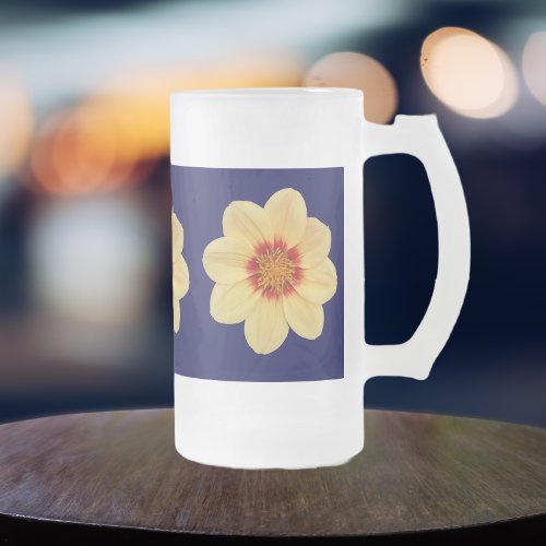 Yellow Dahlia Floral Pattern on Blue Frosted Glass Beer Mug