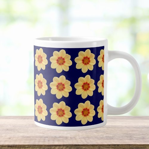 Yellow Dahlia Floral Pattern on Blue Giant Coffee Mug