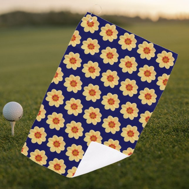 Yellow Dahlia Floral Pattern on Blue Golf Towel (In Situ Golf)