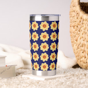 Yellow Dahlia Floral Pattern on Blue Insulated Tumbler
