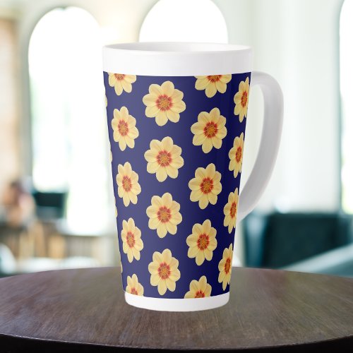 Yellow Dahlia Floral Pattern on Blue Latte Mug