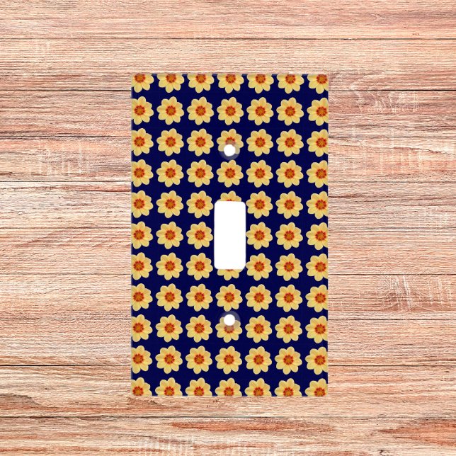 Yellow Dahlia Floral Pattern on Blue Light Switch Cover (In Situ)