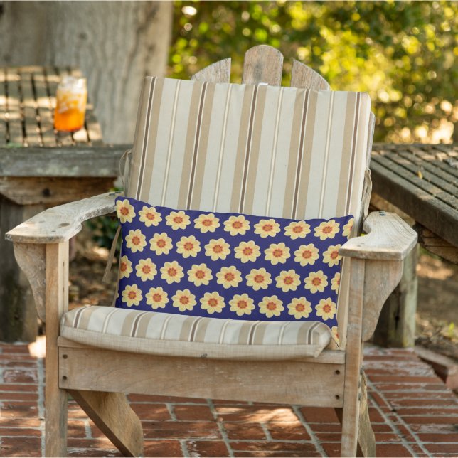 Yellow Dahlia Floral Pattern on Blue Lumbar Pillow (Chair)