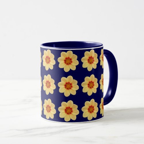 Yellow Dahlia Floral Pattern on Blue Mug